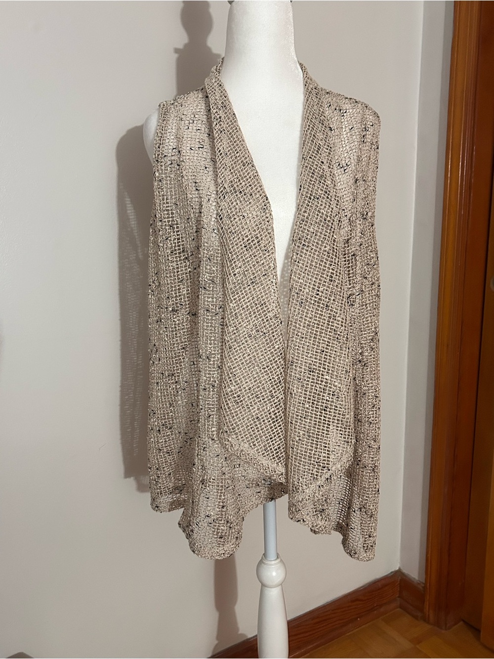 KEREN hart Open-Front Taupe-Black Speckled Mesh Sleeveless Cardigan